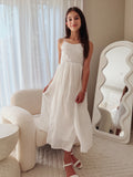 White flower girl dress with chiffon skirt and embroidered top