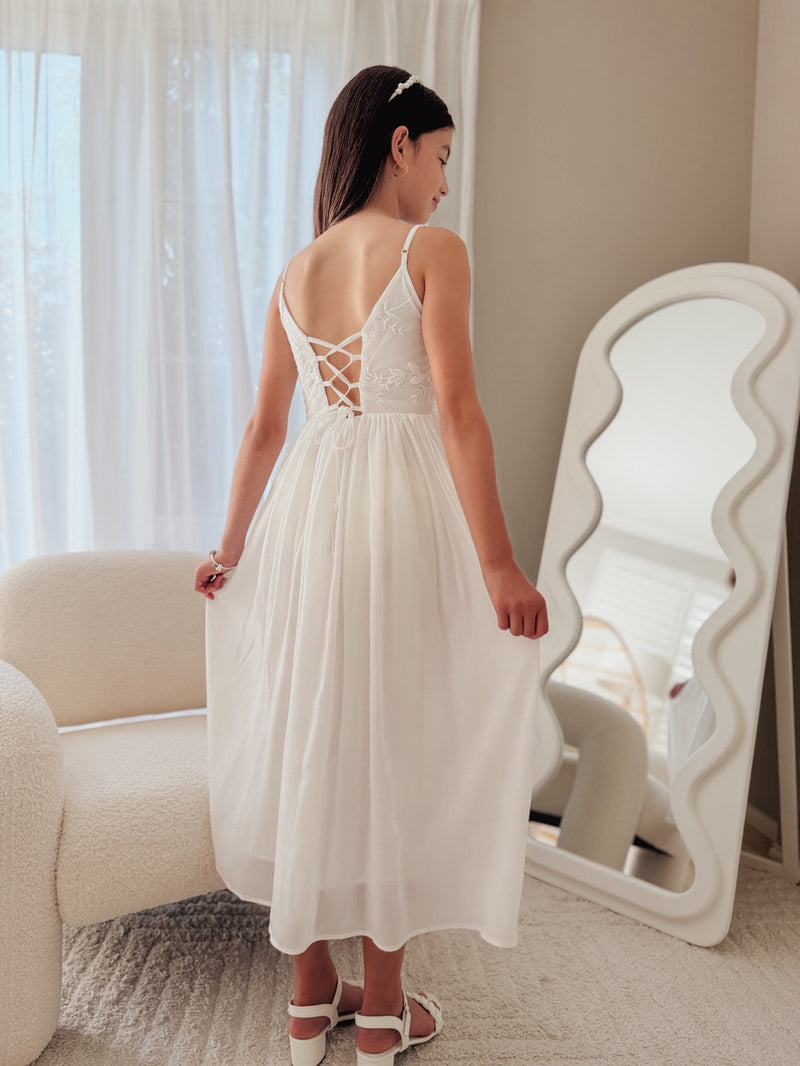 Serena Girls White Lace-Up Dress - A Little Lacey