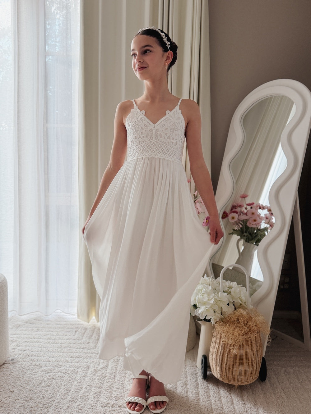 Girls white Confirmation dress with lace bodice