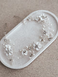 Tiana Girls Silver Headpiece flat lay – porcelain flowers, clear beads & lustrous pearls
