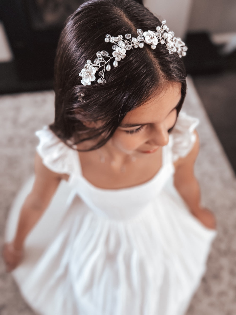 Tiana Girls Silver Headpiece - Tiaras and HeadpiecesTiana Girls Silver Headpiece – porcelain flowers, pearls & diamantes on silver wire by A Little Lacey