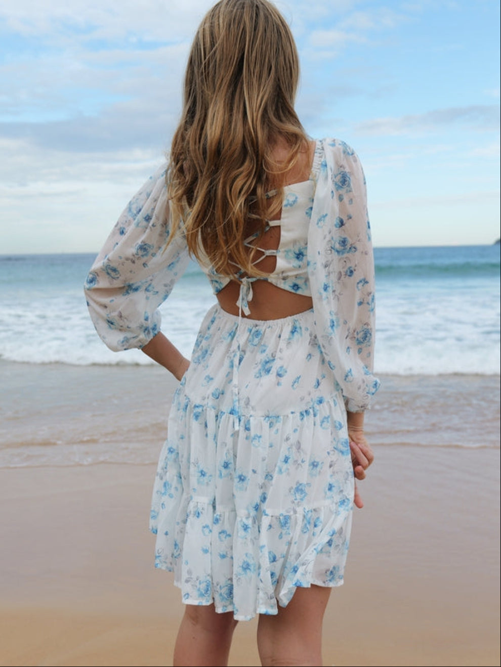 Tween blue floral dress with sheer long sleeves