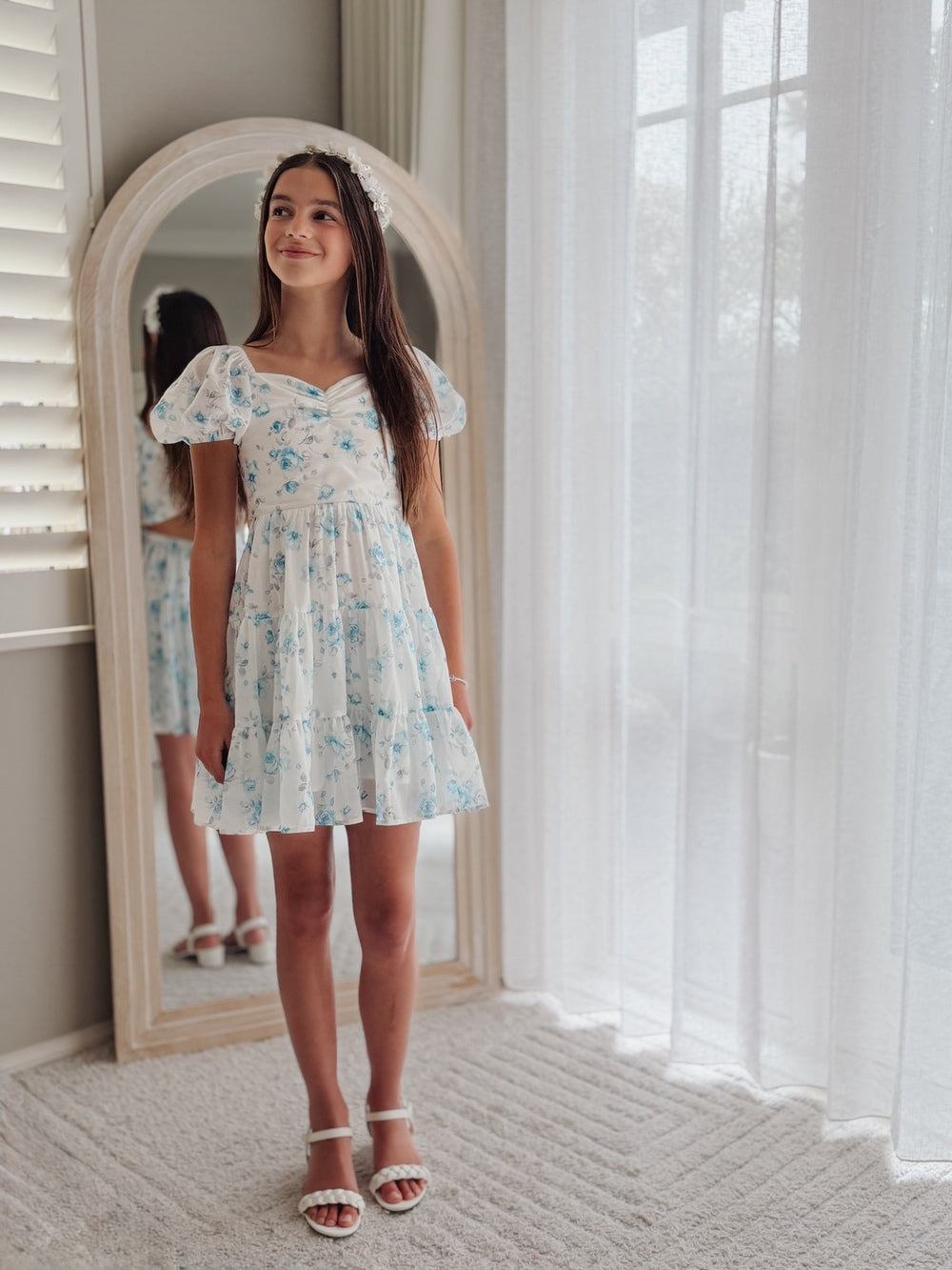 Girls blue floral chiffon dress with tiered skirt