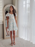 Girls blue floral chiffon dress with tiered skirt