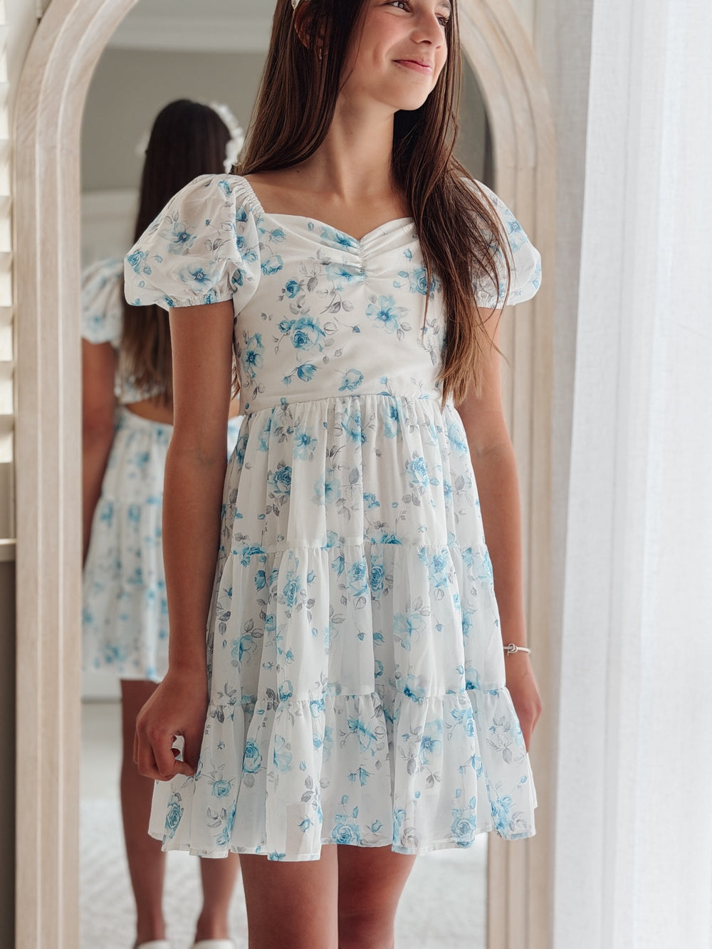 Blue floral tween dress for birthday parties