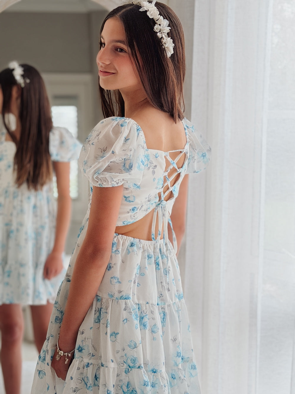 Tween blue floral dress with lace-up back