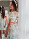 Tween blue floral dress with lace-up back