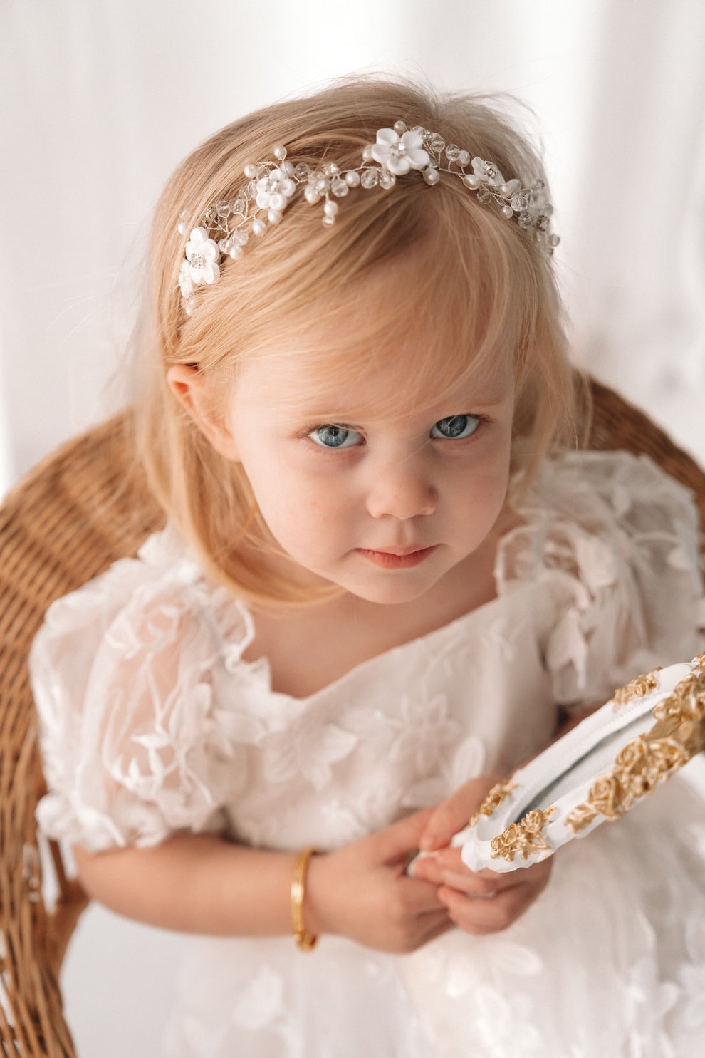 Girls silver floral headpiece for First Communion and flower girl outfits