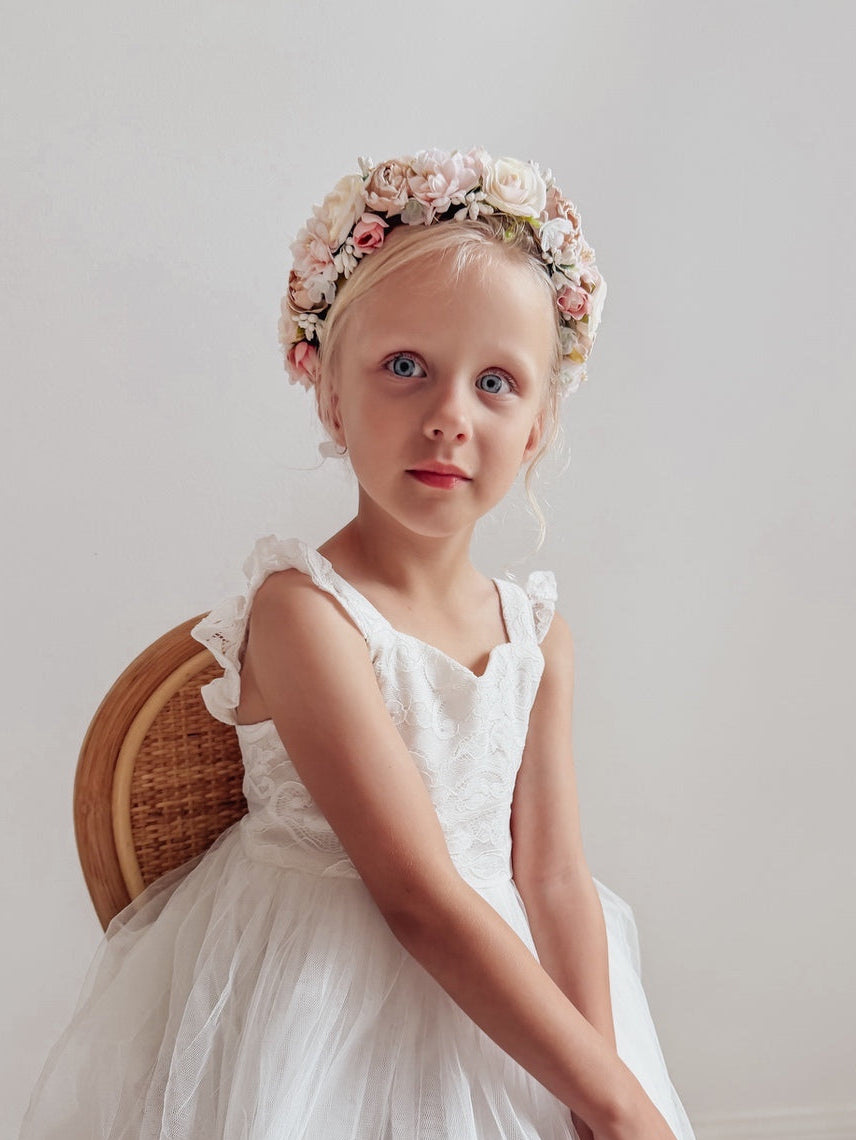 Tilly girls flower crown with delicate pastel blooms for occasion styling