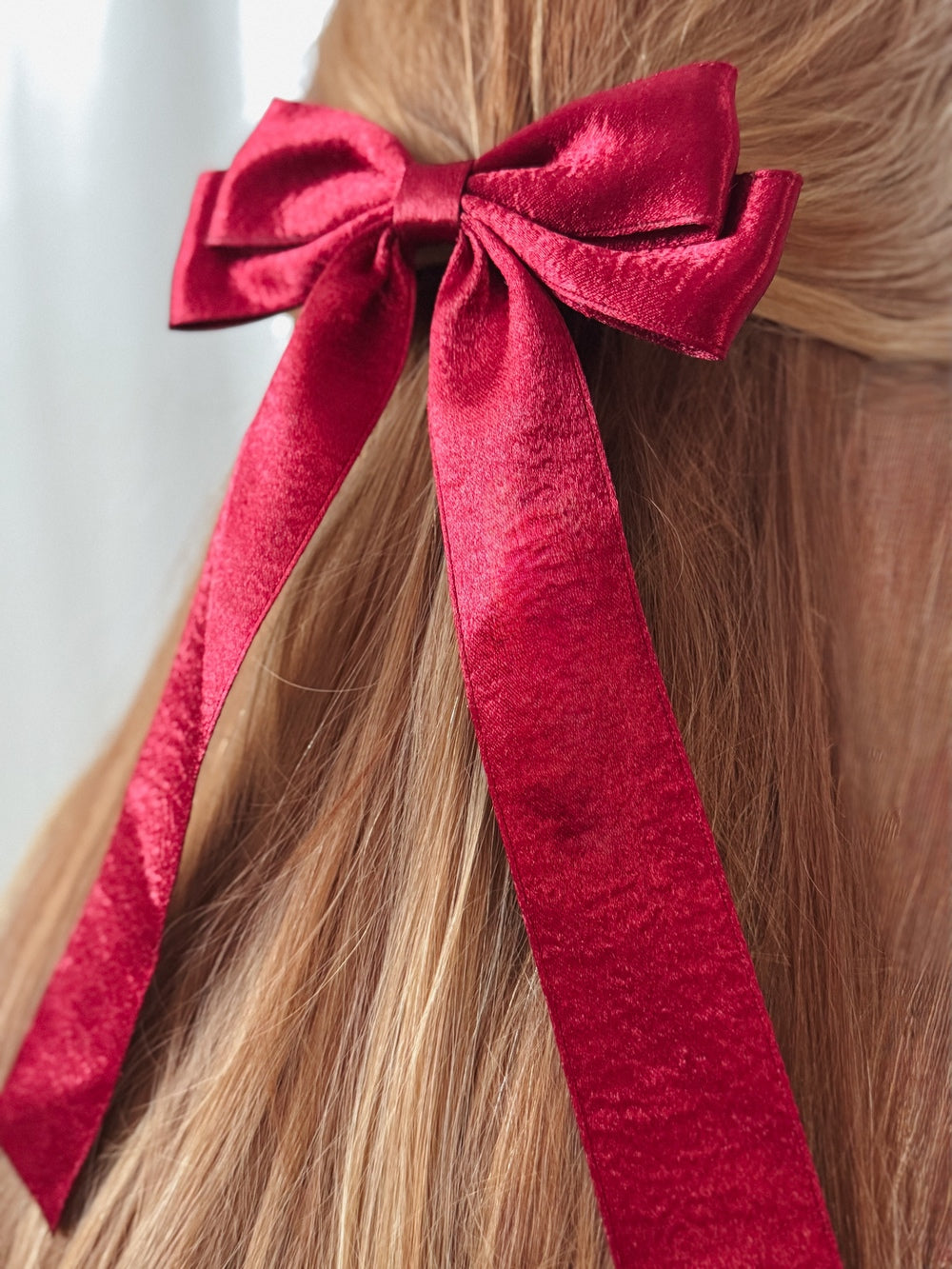 Velvet Shimmer Red Girls Hair Bow - Christmas Dresses and RompersDeep red velvet Christmas hair bow for girls with long tails