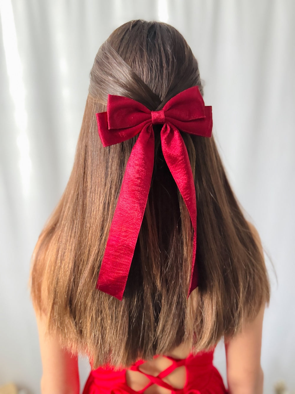 Velvet Shimmer Red Girls Hair Bow - Christmas Dresses and RompersChristmas hair bow in red velvet with secure clip backing