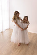 Junior bridesmaid white dress full length embroidered bodice
