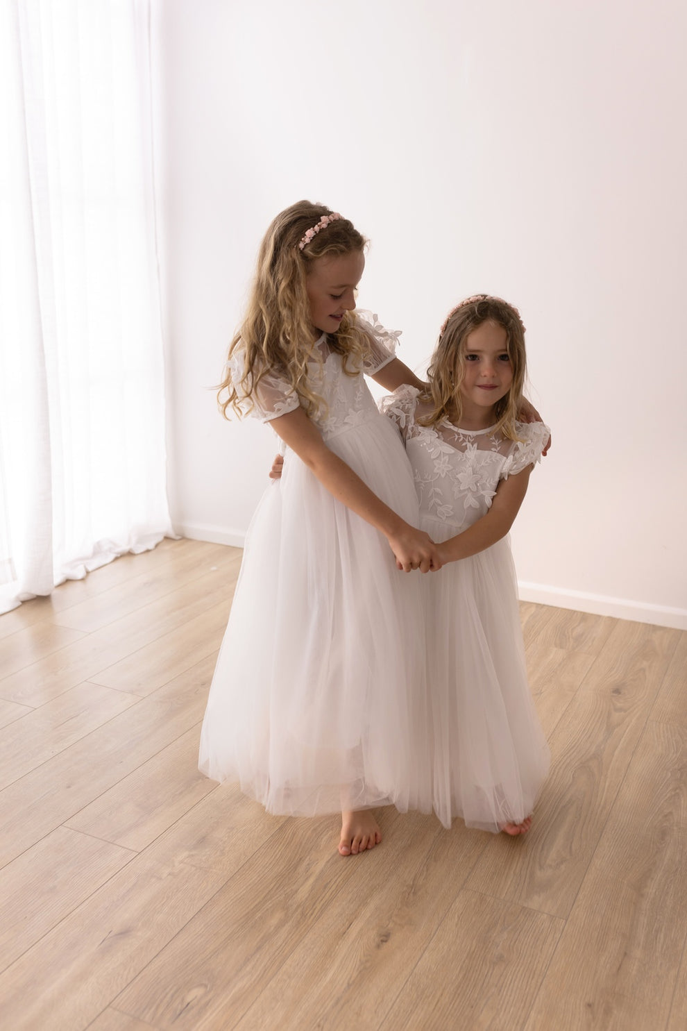 Junior bridesmaid white dress full length embroidered bodice
