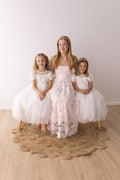 White girls dress with puff sleeves and embroidered mesh bodice