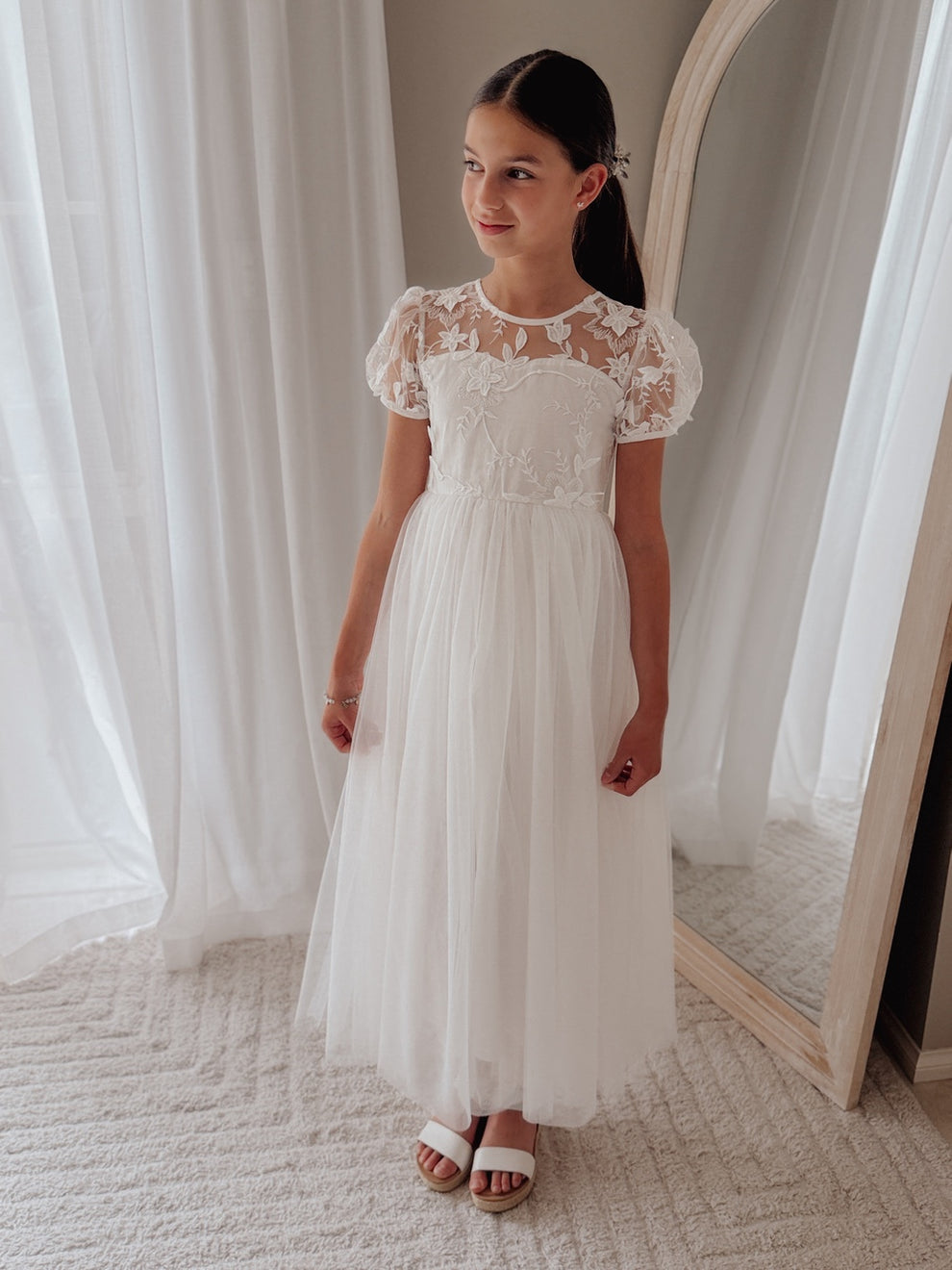 White girls formal dress with floral embroidery and tulle skirt