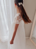 Junior bridesmaid white dress full length embroidered bodice