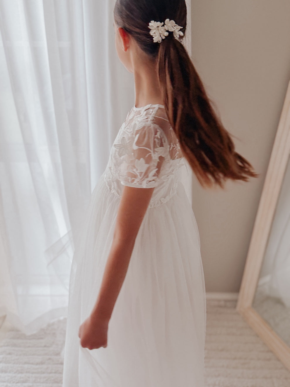 Junior bridesmaid white dress full length embroidered bodice