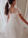 White girls ceremony dress with sheer embroidered neckline detail