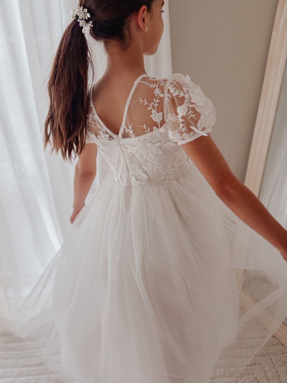 White girls ceremony dress with sheer embroidered neckline detail