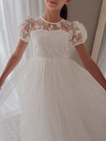 Girls white dress with floral embroidered overlay and soft tulle skirt