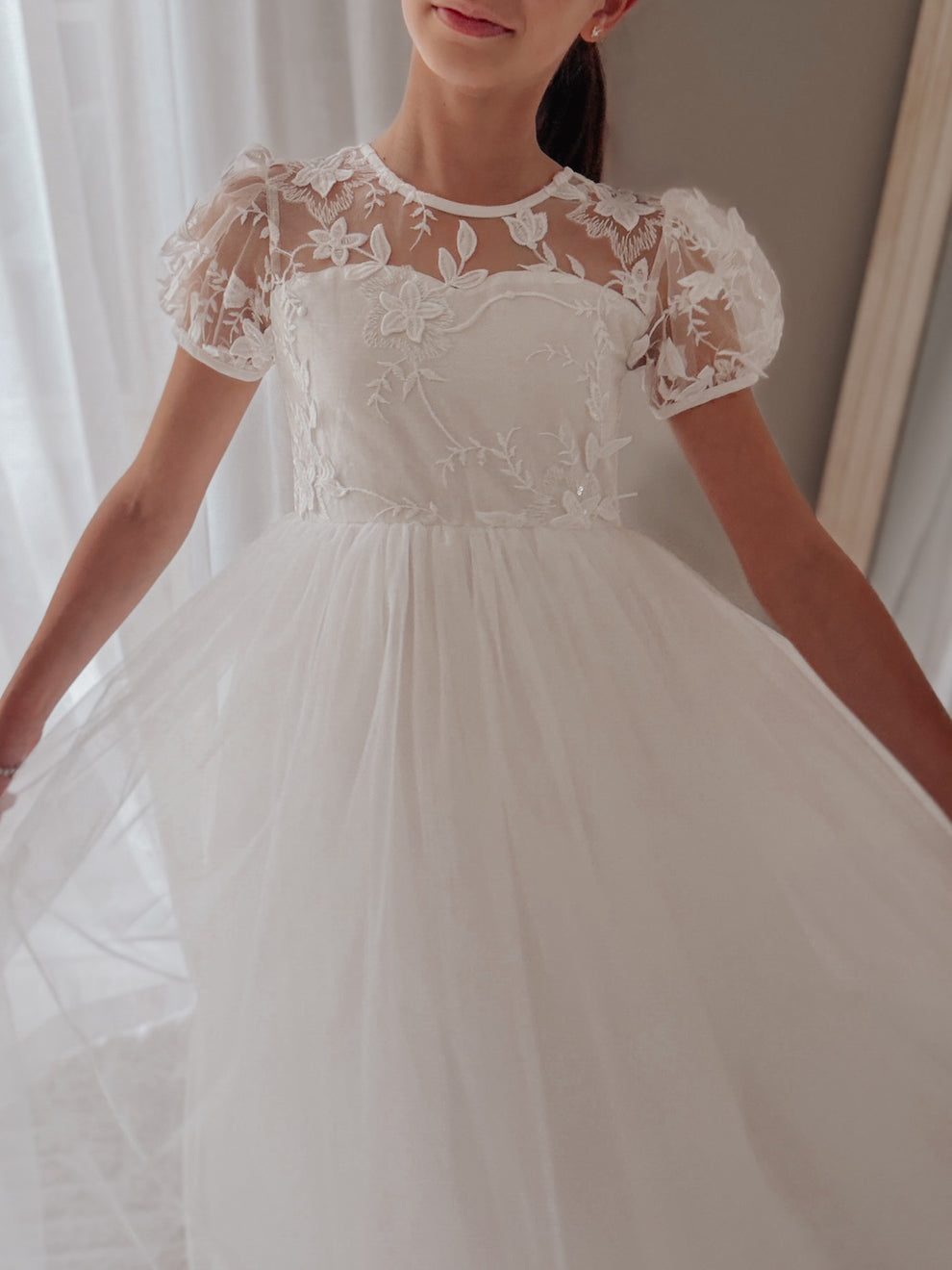Girls white dress with floral embroidered overlay and soft tulle skirt