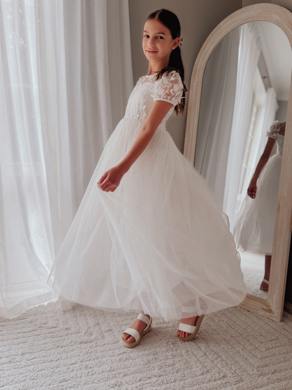 Girls White Communion dress full length with embroidered bodice and puff sleeves