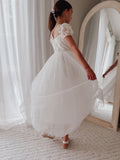 Girls white dress with floral embroidered overlay and soft tulle skirt