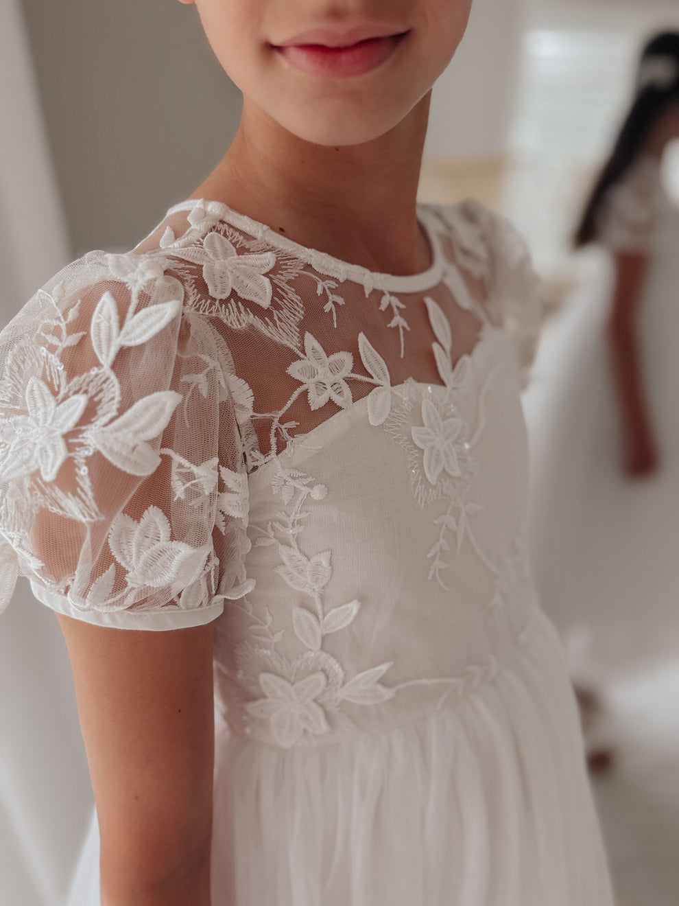 White girls embroidered dress with sheer yoke and round neckline