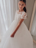 White girls formal dress with floral embroidery and tulle skirt