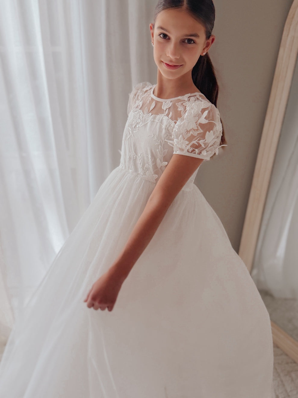 White girls formal dress with floral embroidery and tulle skirt