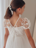 White girls dress with puff sleeves and embroidered sheer bodice