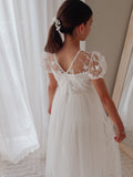 Girls white dress with floral embroidered overlay and soft tulle skirt