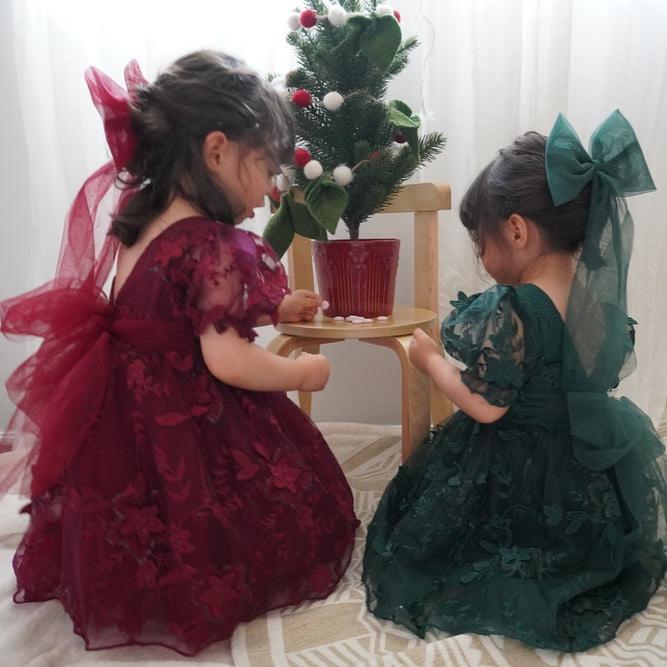 Girls red and green matching christmas dresses