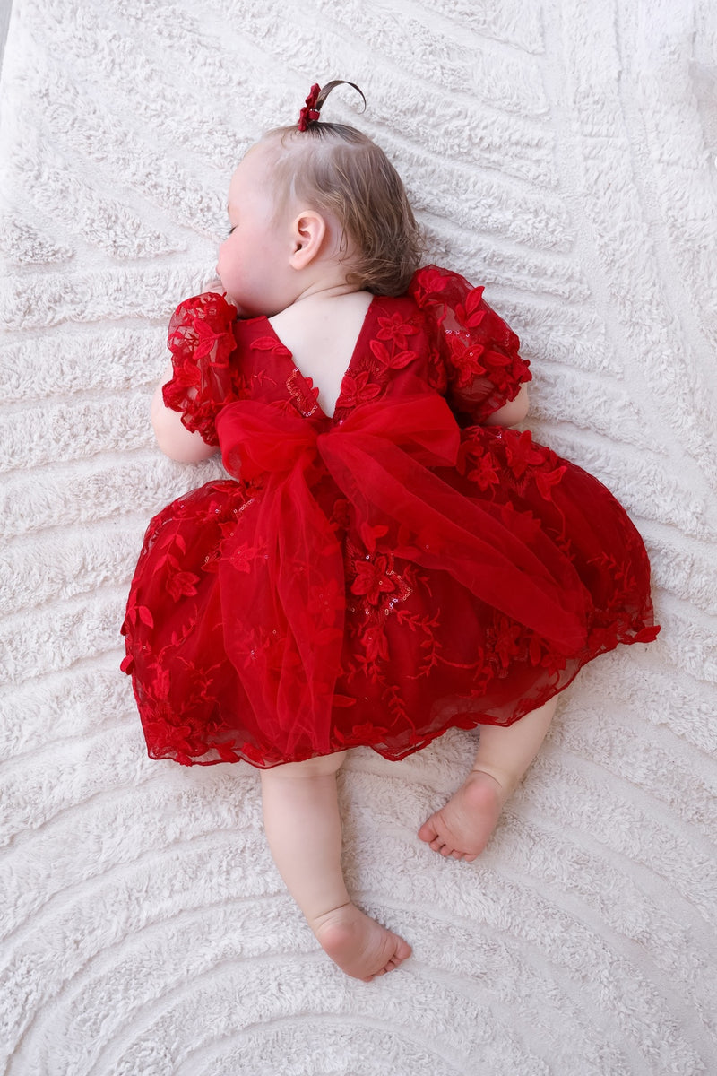 Vienna Girls Christmas Embroidery Dress - Red - A Little Lacey