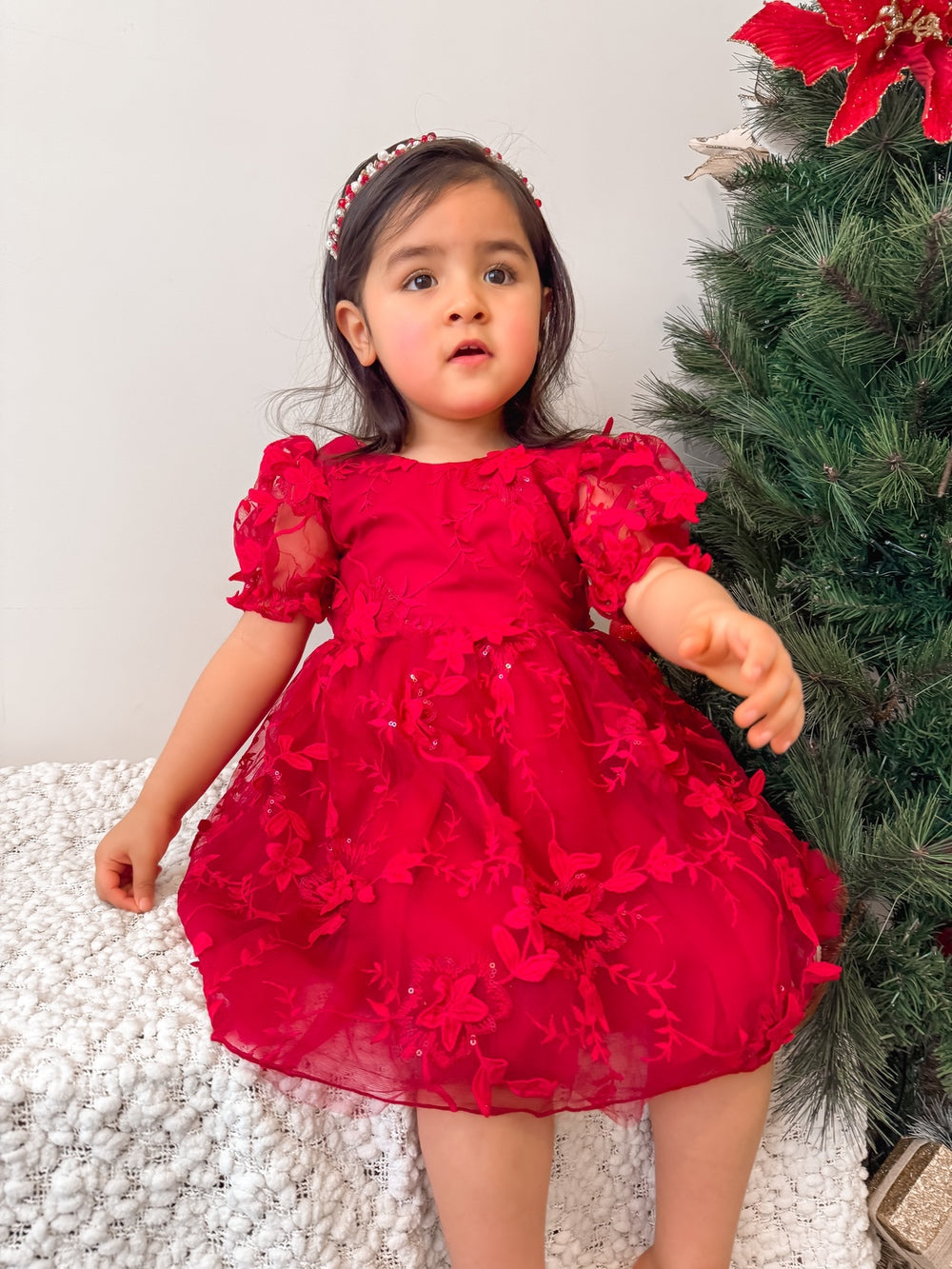 Vienna Girls Christmas Embroidery Dress - Red - Christmas Dresses and Rompers