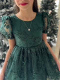 Festive green holiday dress for girls with floral embroidery