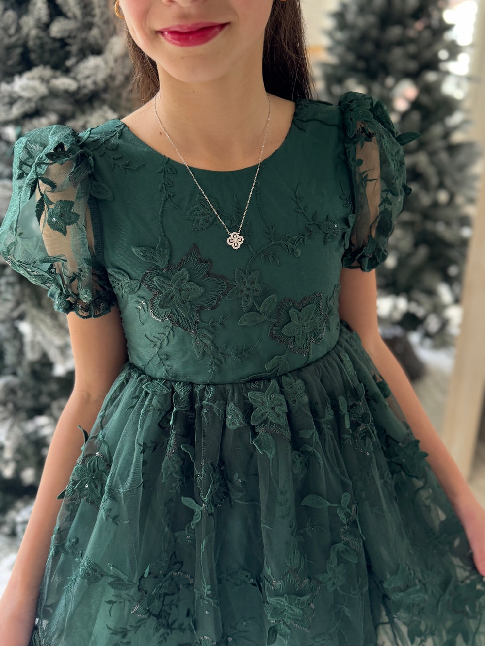 Festive green holiday dress for girls with floral embroidery