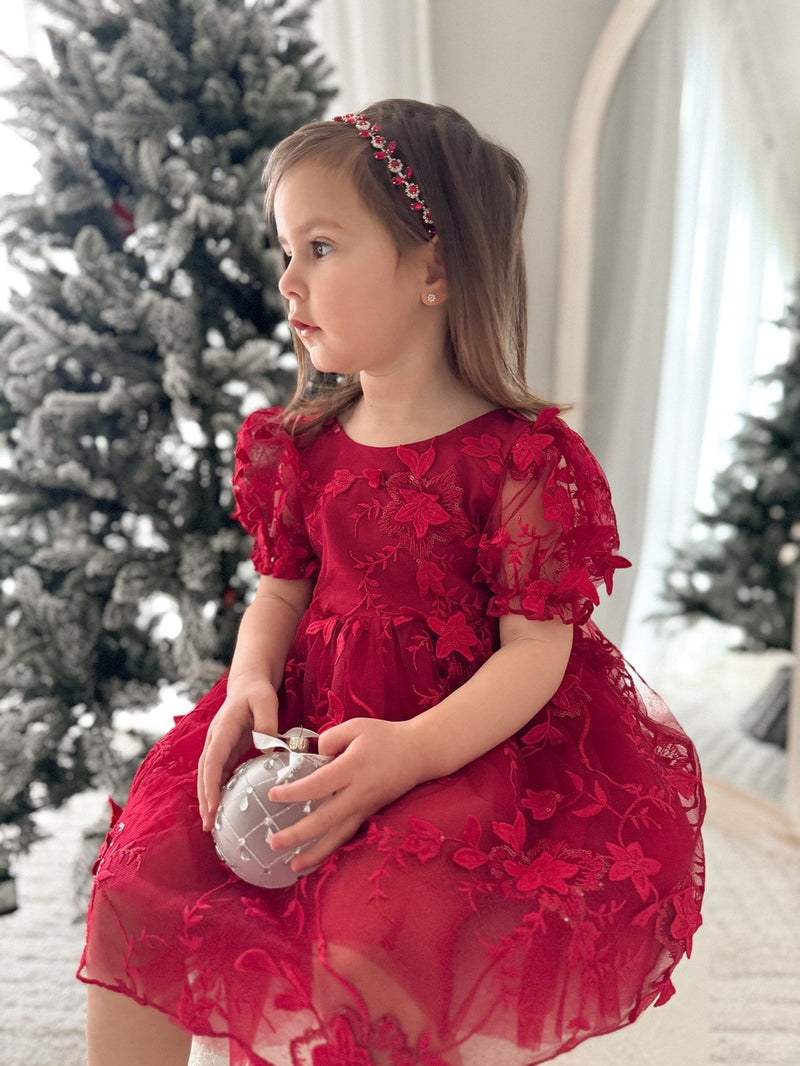 Vienna Girls Christmas Embroidery Dress - Red - A Little Lacey