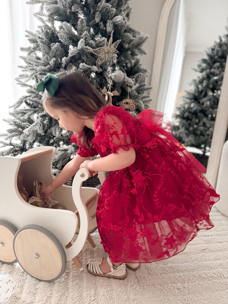 Vienna girls red Christmas dress – Embroidered holiday dress with tulle bow – A Little Lacey