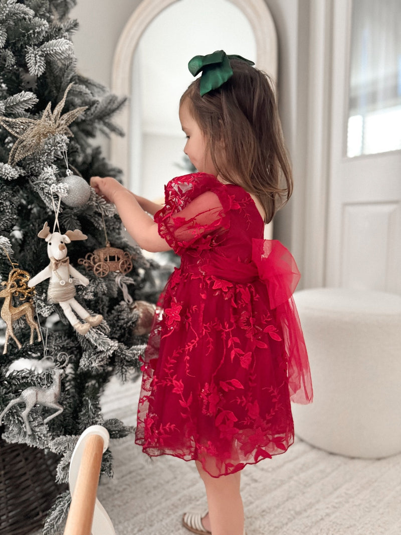 Vienna girls red Christmas dress – Embroidered holiday dress with tulle bow – A Little Lacey
