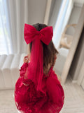 Christmas outfit with red tulle bow and puff sleeve dress