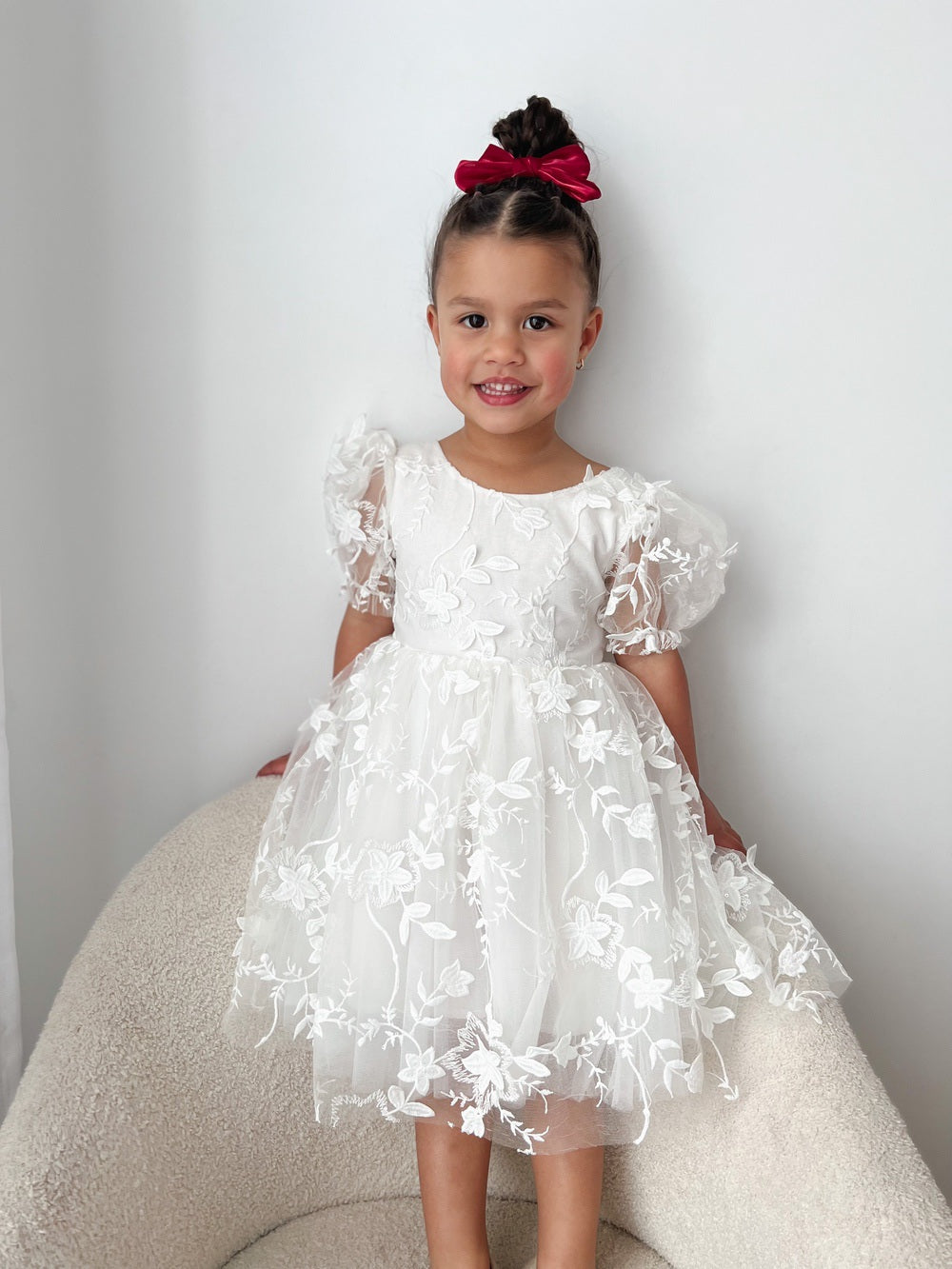 White 3D embroidery flower girl dress