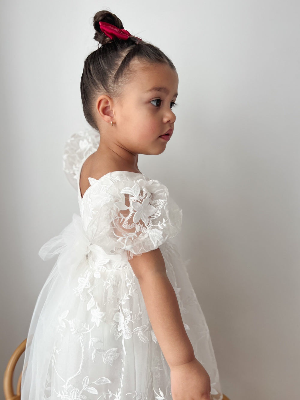 3D flower embroidery girls dress - puff sleeves