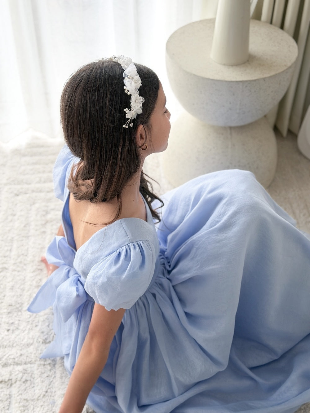 V back full length light blue girls formal dress for weddings and Confirmations