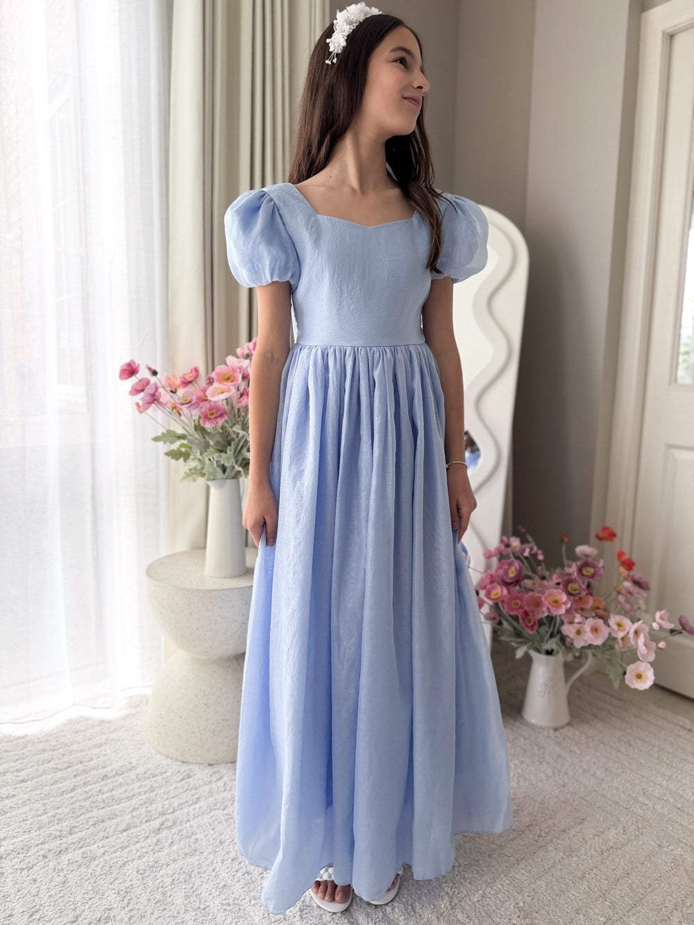 Full length light blue dress for junior bridesmaids and special occasions