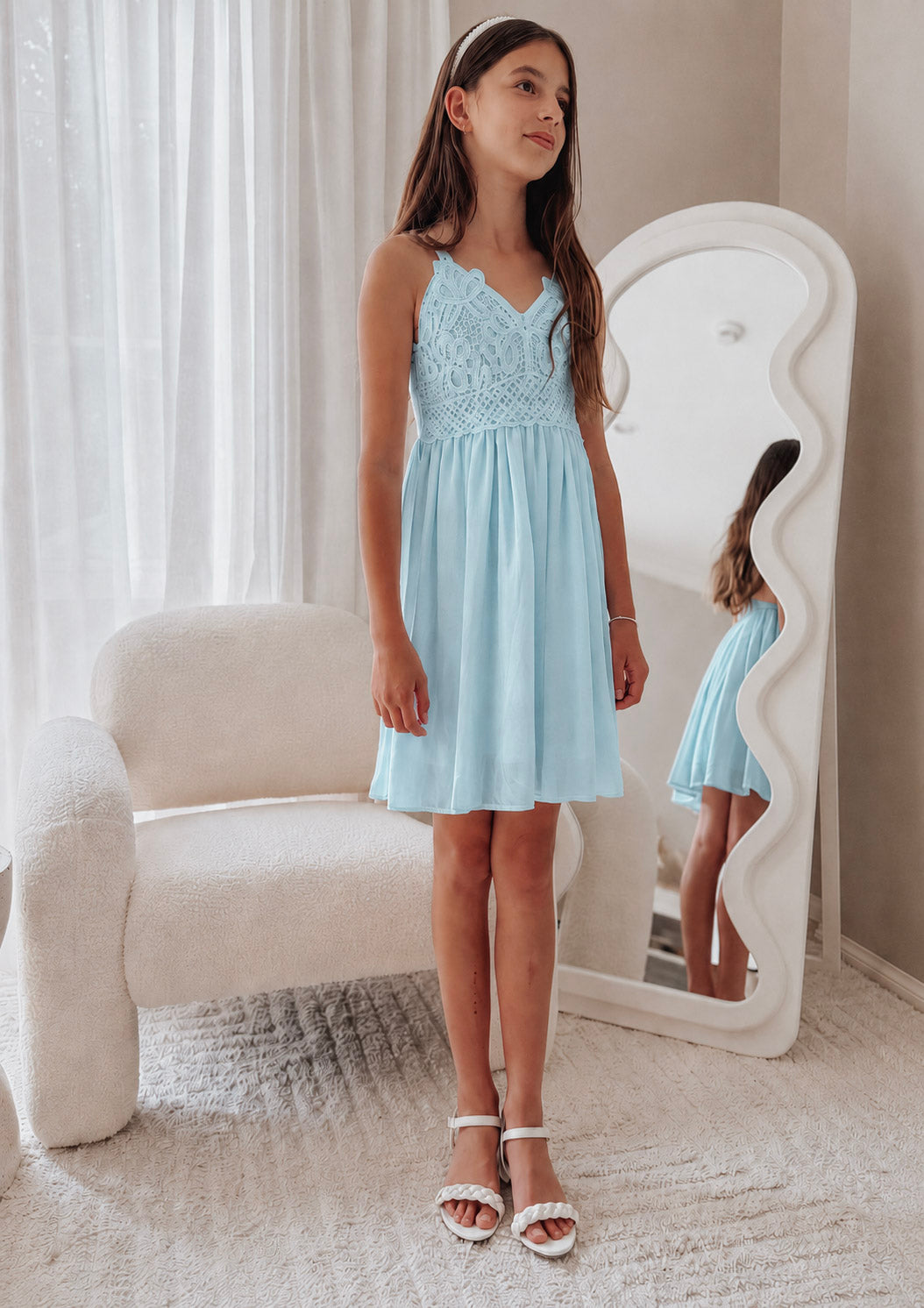 Vivienne light blue girls graduation dress, full-length front view.