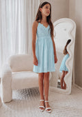 Vivienne light blue girls graduation dress, full-length front view.