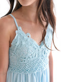 Vivienne light blue girls dress, floral lace bodice and scalloped neckline detail.
