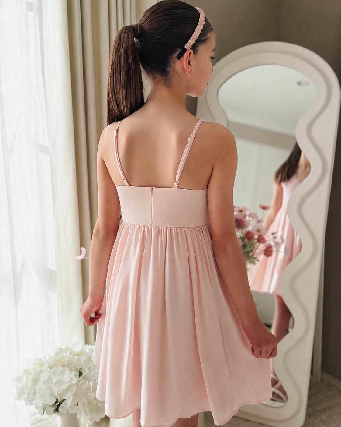 Pink lace party zip back dress for girls
