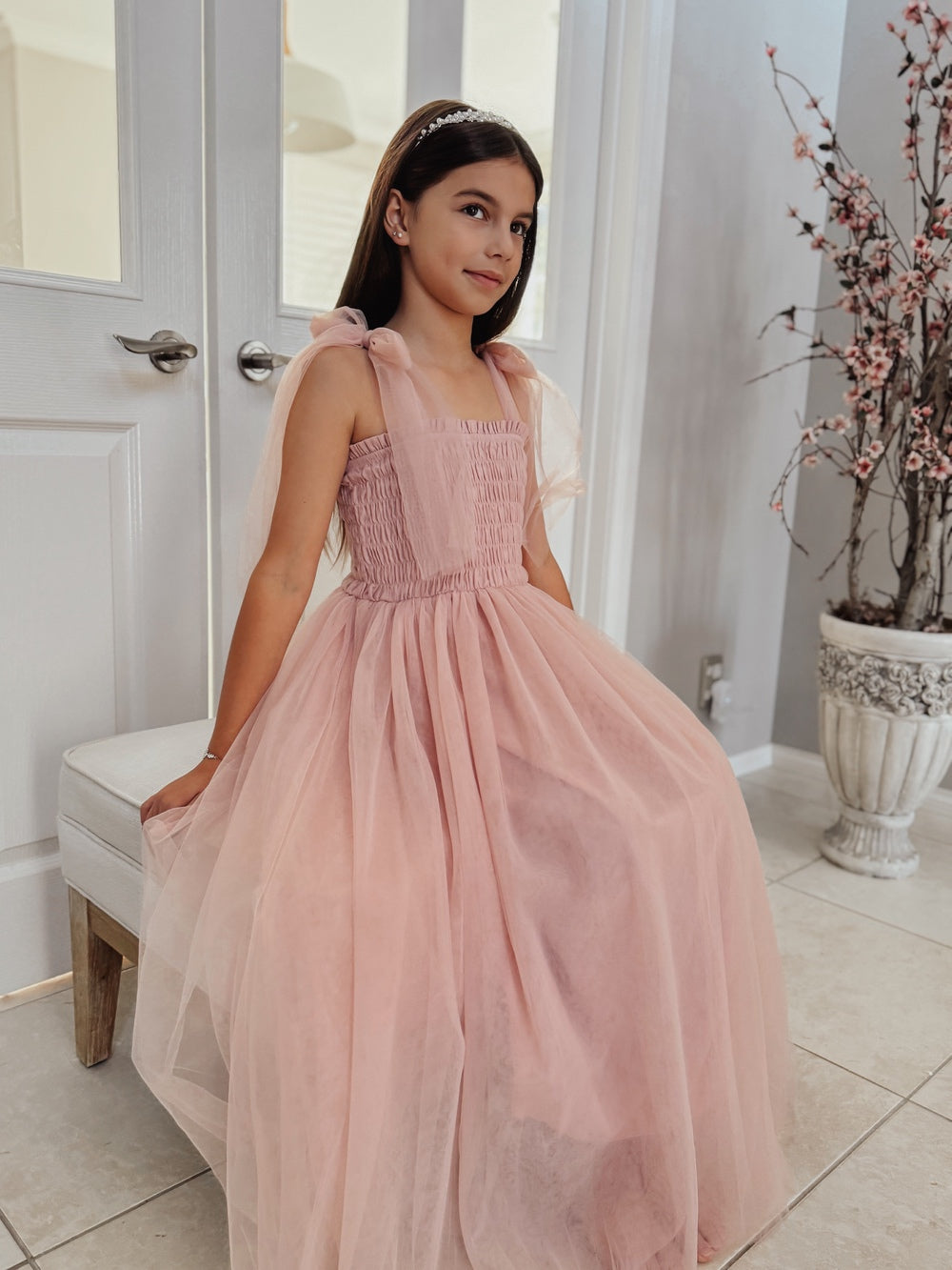 Willow Dusty Pink Girls Full-length Dress - Tulle & Lace Edit